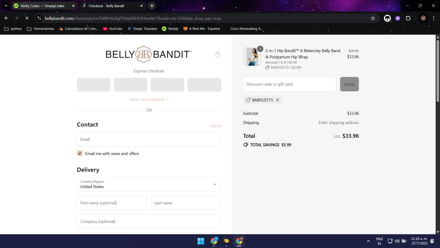 Belly Bandit discount code screenshot showing code BABYLIST15 applied at Belly Bandit checkout page. Uploaded by SimplyCodes community member Maocar on Jul 27, 2025