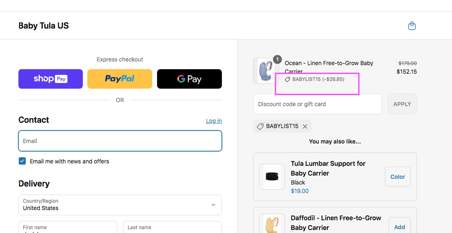 Belly Bandit discount code screenshot showing code BABYLIST15 applied at Belly Bandit checkout page. Uploaded by SimplyCodes community member AlejandraSarmiento on Jul 20, 2025