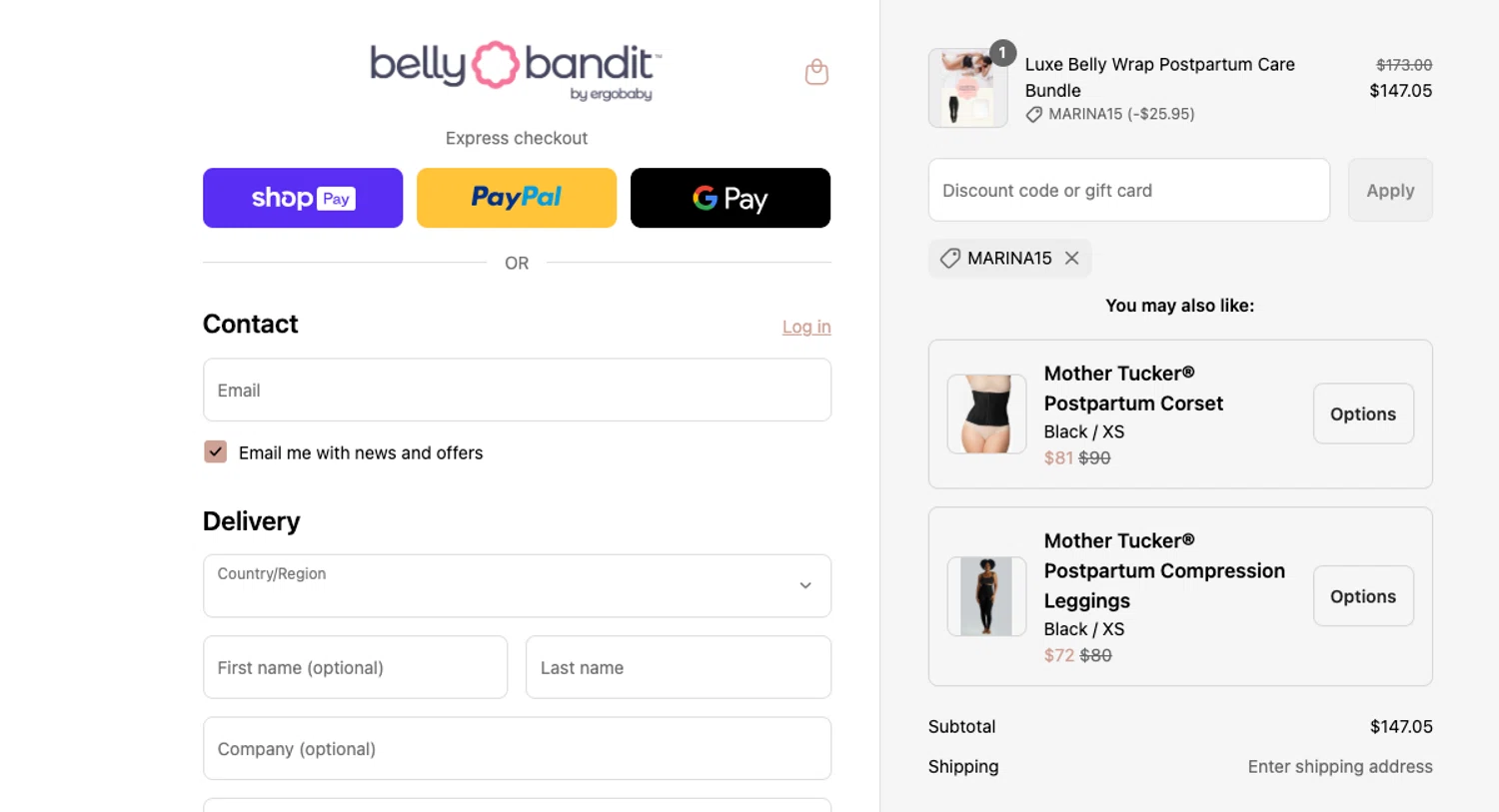 Belly Bandit discount code screenshot showing code Marina15 applied at Belly Bandit checkout page. Uploaded by SimplyCodes community member ELOIN777 on Aug 5, 2025