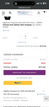 BELLYDANCE10 coupon verification screenshot