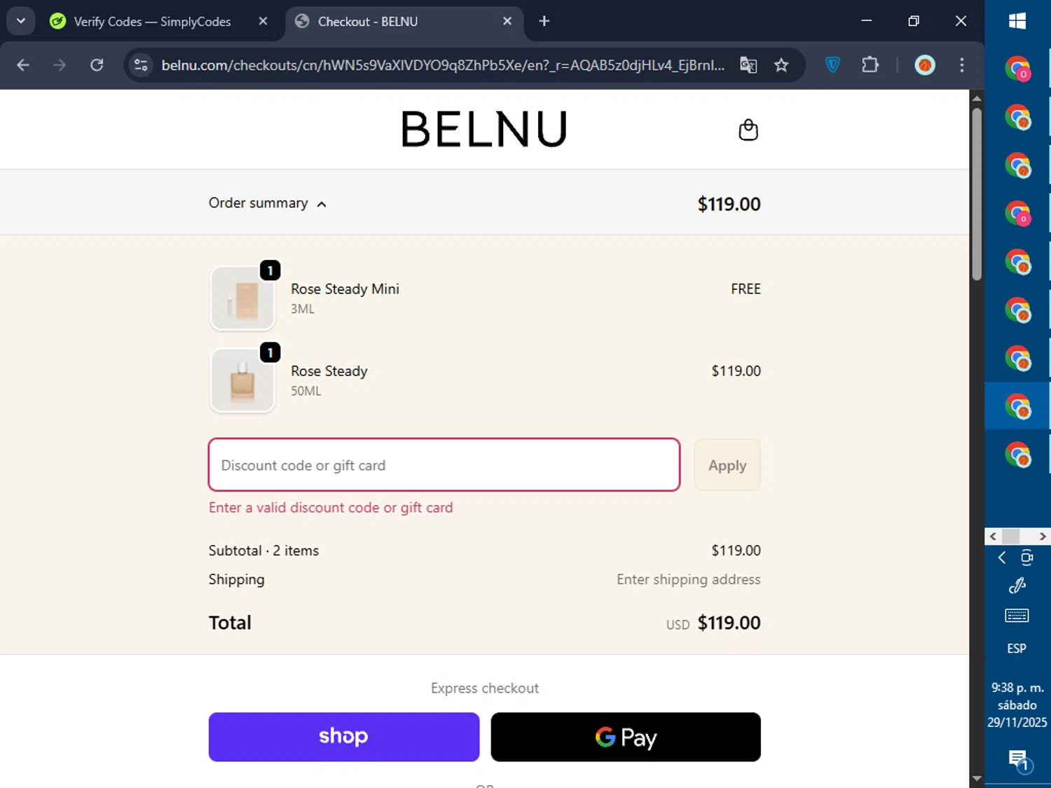 Belnu promo code screenshot showing code MINIGIFT applied at Belnu checkout page. Uploaded by SimplyCodes community member GoldPilot5958 on Nov 30, 2025