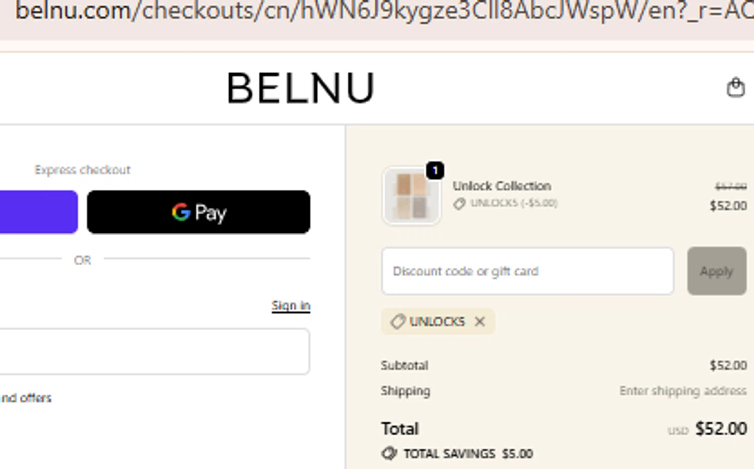 Belnu promo code screenshot showing code UNLOCK5 applied at Belnu checkout page. Uploaded by SimplyCodes community member BudgetLion5814 on Dec 11, 2025