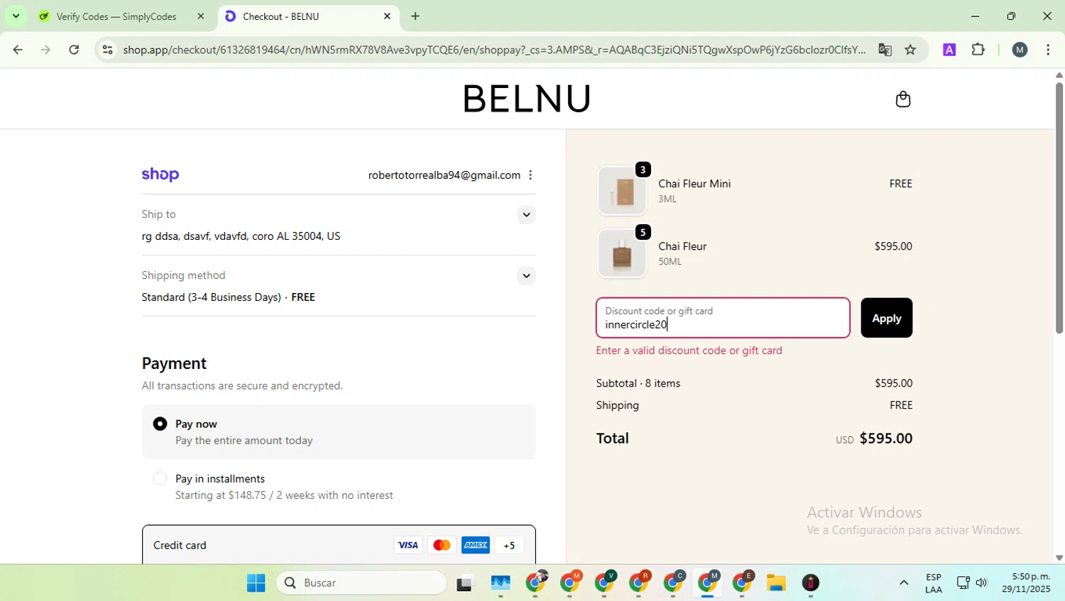 Belnu promo code screenshot showing code innercircle20 applied at Belnu checkout page. Uploaded by SimplyCodes community member EpicCaptain5837 on Nov 29, 2025