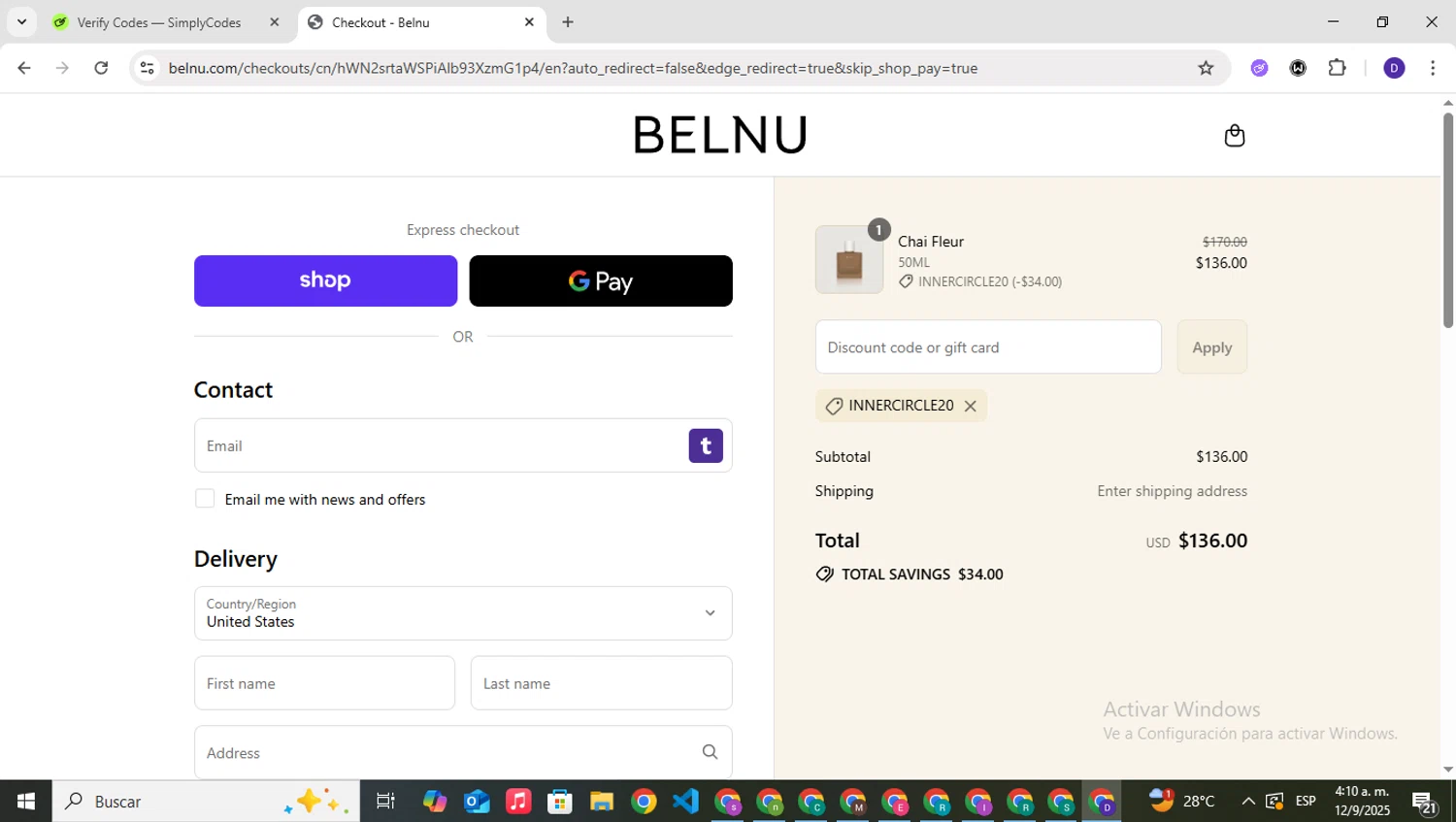 Belnu promo code screenshot showing code innercircle20 applied at Belnu checkout page. Uploaded by SimplyCodes community member PrimeNavigator3251 on Sep 12, 2025