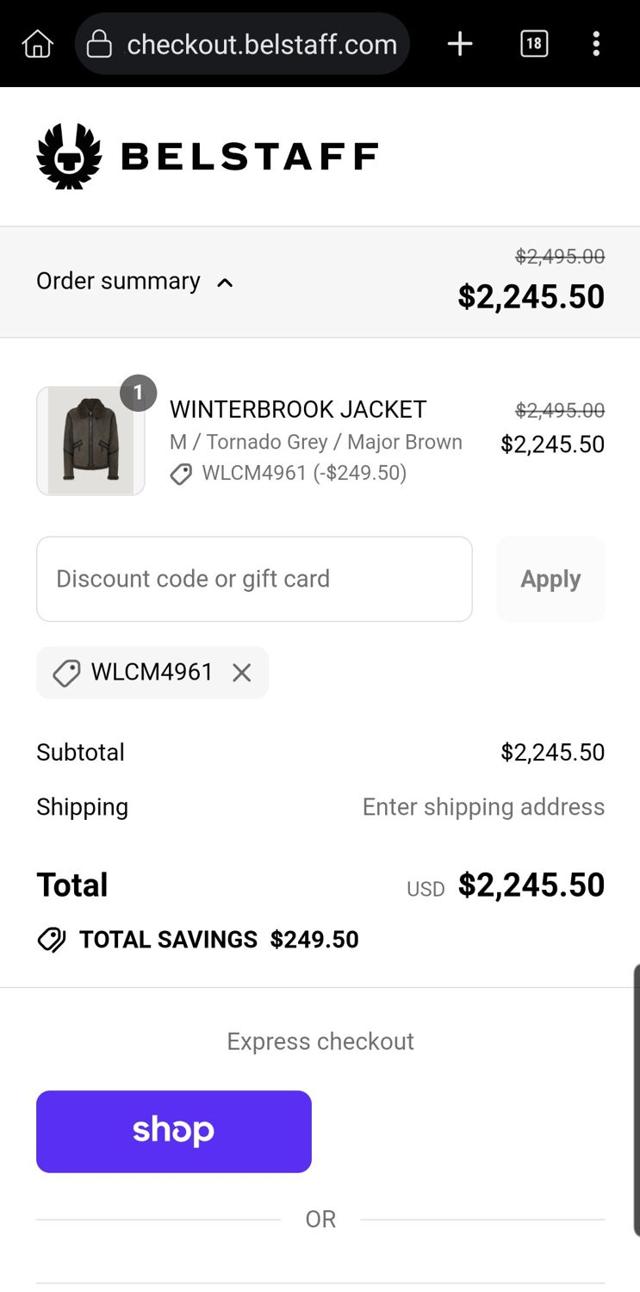 Belstaff checkout page showing Belstaff promo code box | Screenshot taken by SimplyCodes community member on Sep 12, 2025
