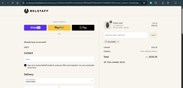 Belstaff checkout page showing Belstaff promo code box | Screenshot taken by SimplyCodes community member on Feb 24, 2025