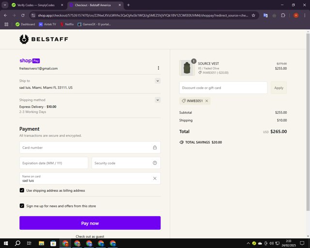Belstaff checkout page showing Belstaff promo code box | Screenshot taken by SimplyCodes community member on Feb 24, 2025