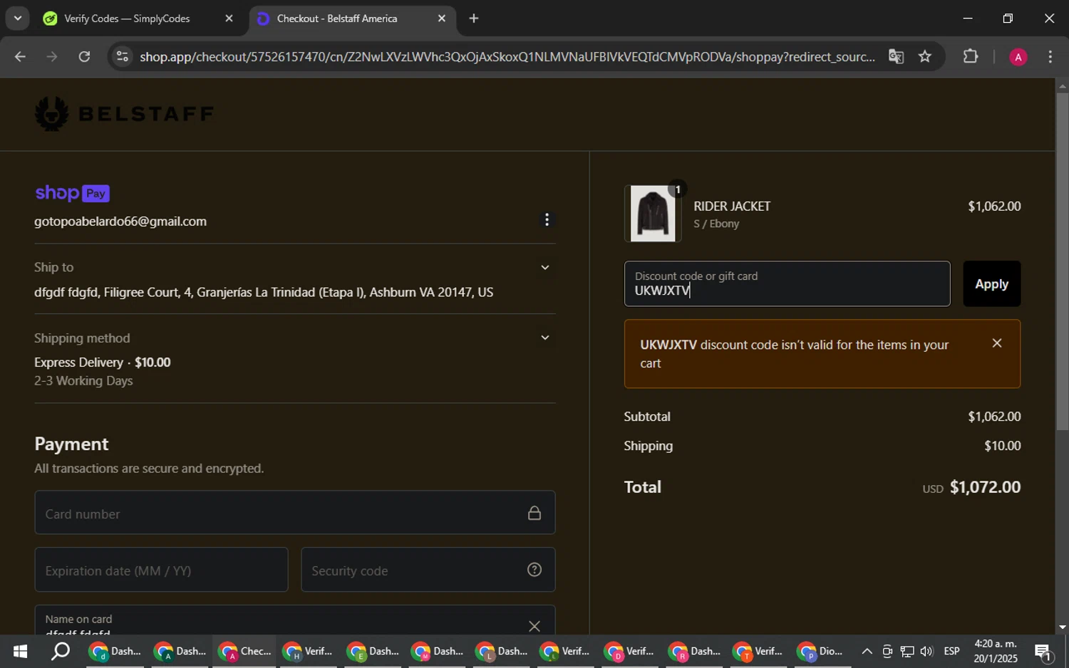 Belstaff promo code screenshot showing code UKWJXTV applied at Belstaff checkout page. Uploaded by SimplyCodes community member BMWGS1200 on Jan 20, 2025