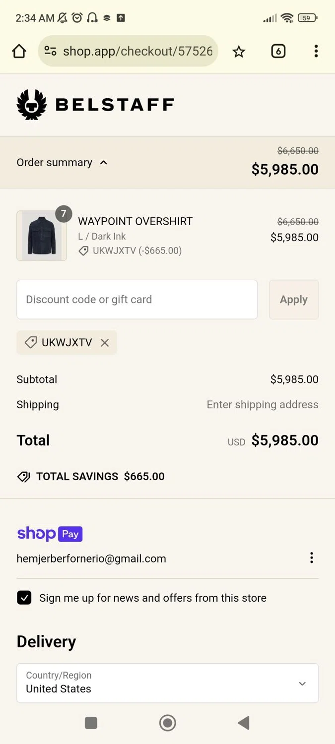 Belstaff promo code screenshot showing code UKWJXTV applied at Belstaff checkout page. Uploaded by SimplyCodes community member Josemedina on Feb 24, 2025
