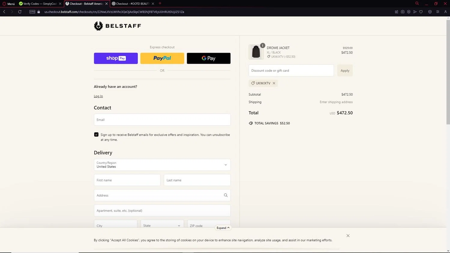 Belstaff promo code screenshot showing code UKWJXTV applied at Belstaff checkout page. Uploaded by SimplyCodes community member NobleCollector3799 on Jan 24, 2025