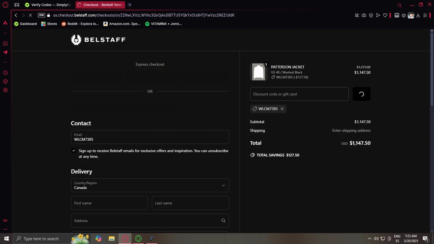 Belstaff promo code screenshot showing code WLCM7385 applied at Belstaff checkout page. Uploaded by SimplyCodes community member Eliott on Mar 20, 2025