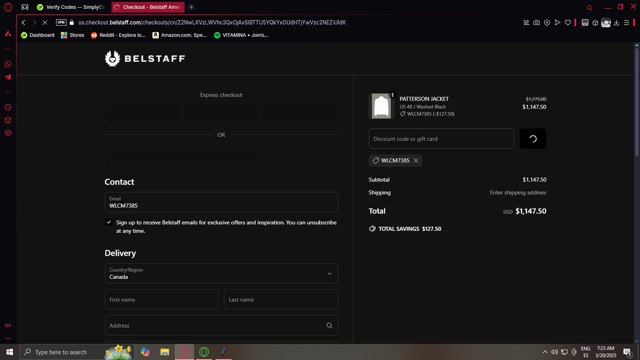 Belstaff checkout page showing Belstaff promo code box | Screenshot taken by SimplyCodes community member on Mar 20, 2025
