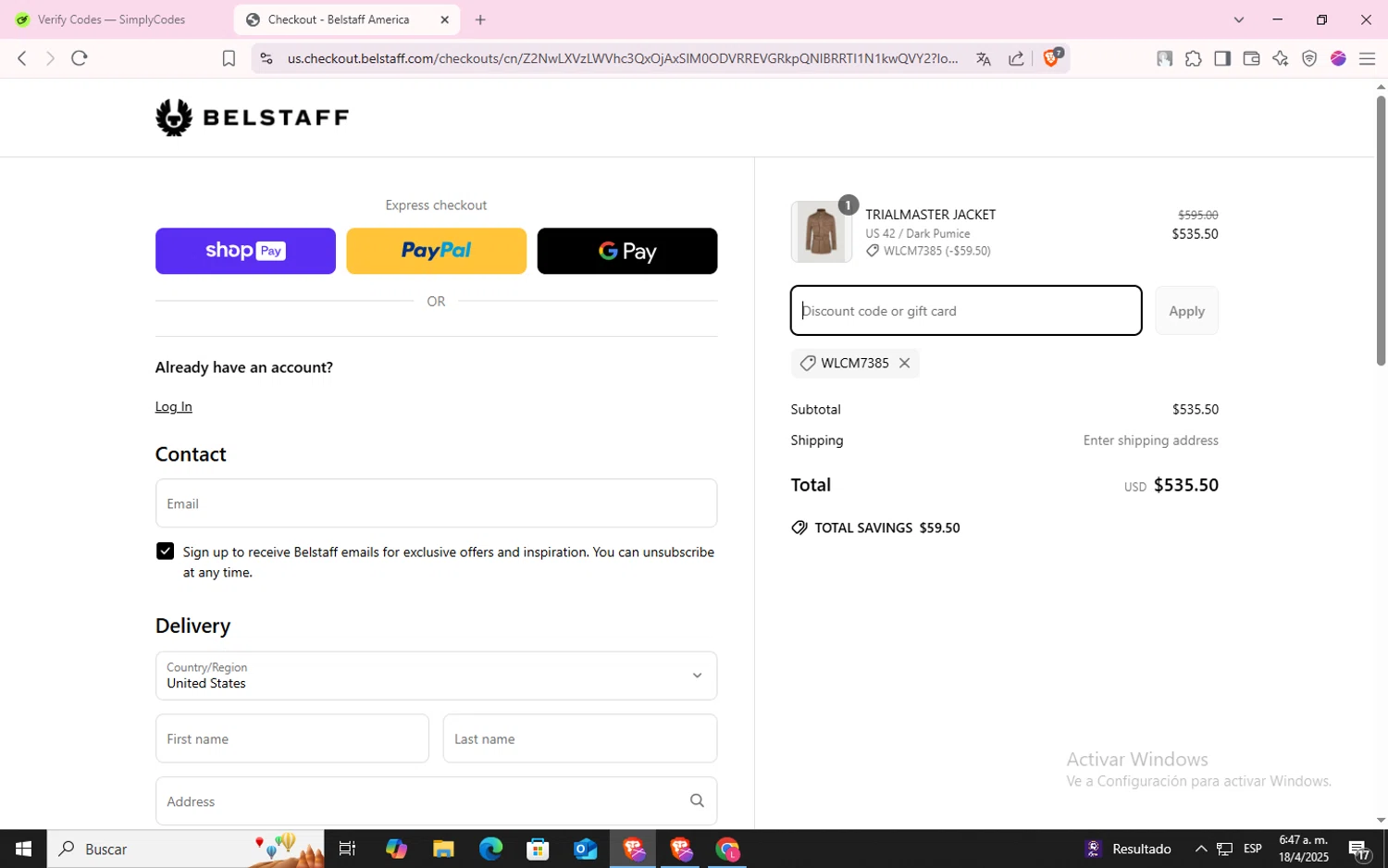 Belstaff promo code screenshot showing code WLCM7385 applied at Belstaff checkout page. Uploaded by SimplyCodes community member CodeLynx5272 on Apr 18, 2025