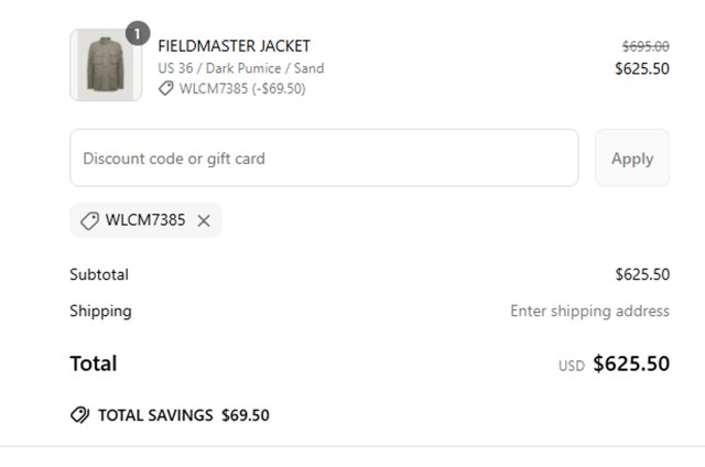 Belstaff checkout page showing Belstaff promo code box | Screenshot taken by SimplyCodes community member on Apr 18, 2025