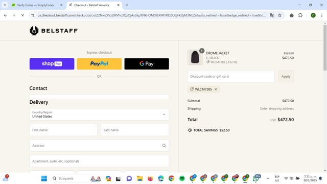 Belstaff checkout page showing Belstaff promo code box | Screenshot taken by SimplyCodes community member on Jan 30, 2025