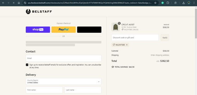 Belstaff checkout page showing Belstaff promo code box | Screenshot taken by SimplyCodes community member on Feb 19, 2025