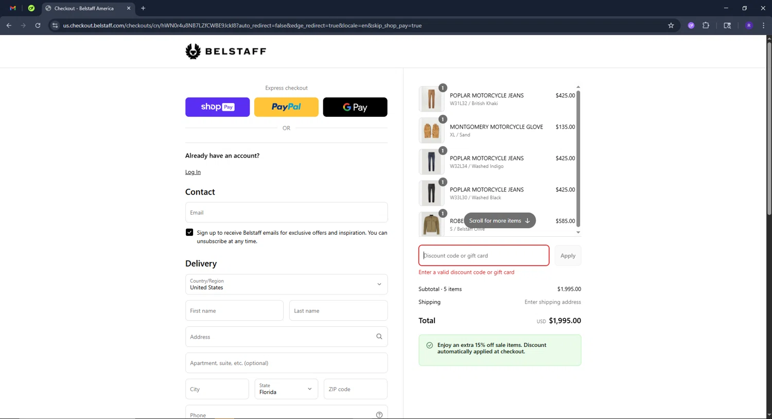 Belstaff promo code screenshot showing code MOTO10 applied at Belstaff checkout page. Uploaded by SimplyCodes community member CashCollector4199 on Jul 20, 2025