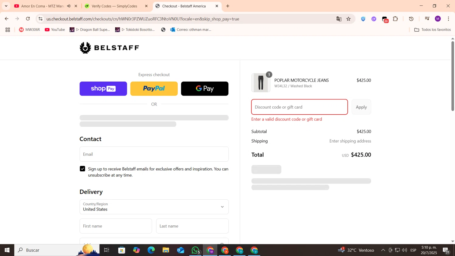 Belstaff promo code screenshot showing code MOTO10 applied at Belstaff checkout page. Uploaded by SimplyCodes community member cod_gakpo on Jul 20, 2025