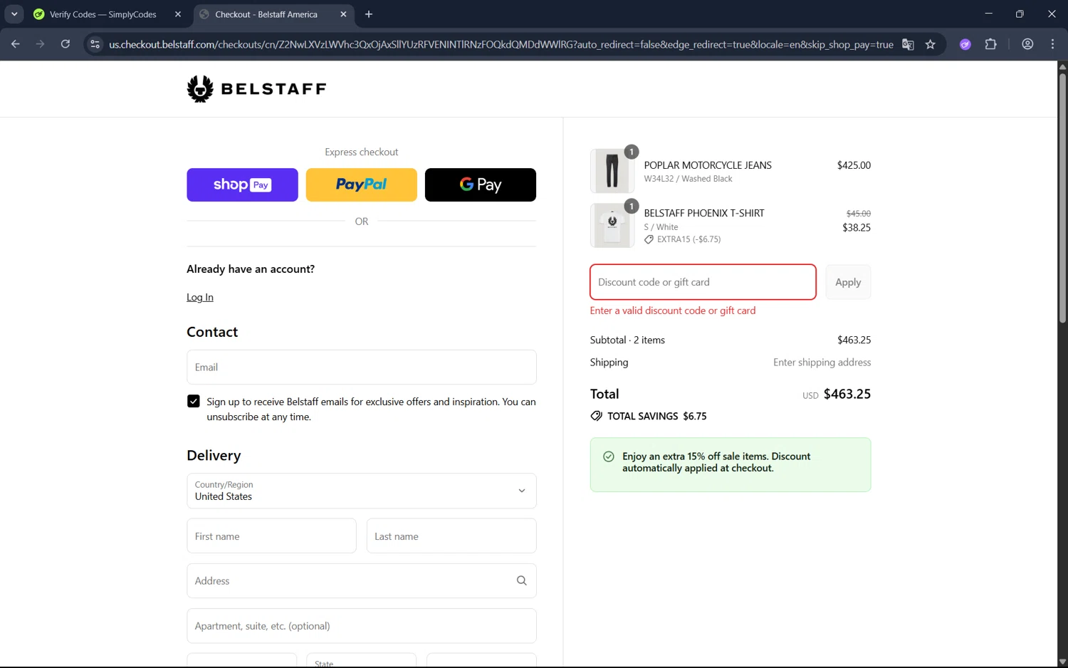 Belstaff promo code screenshot showing code MOTO10 applied at Belstaff checkout page. Uploaded by SimplyCodes community member juan1702 on Jul 20, 2025