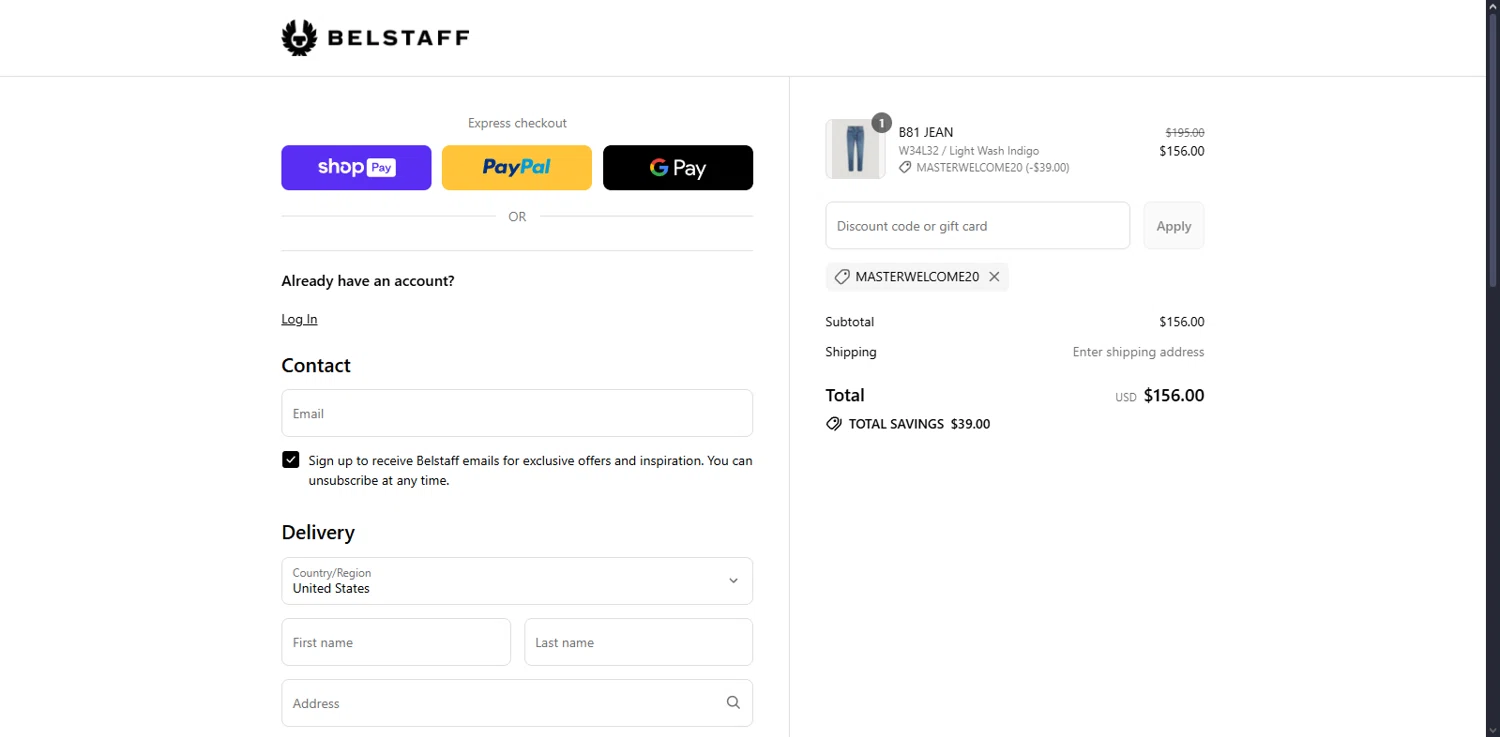 Belstaff promo code screenshot showing code MASTERWELCOME20 applied at Belstaff checkout page. Uploaded by SimplyCodes community member Serdanvz on Aug 16, 2025
