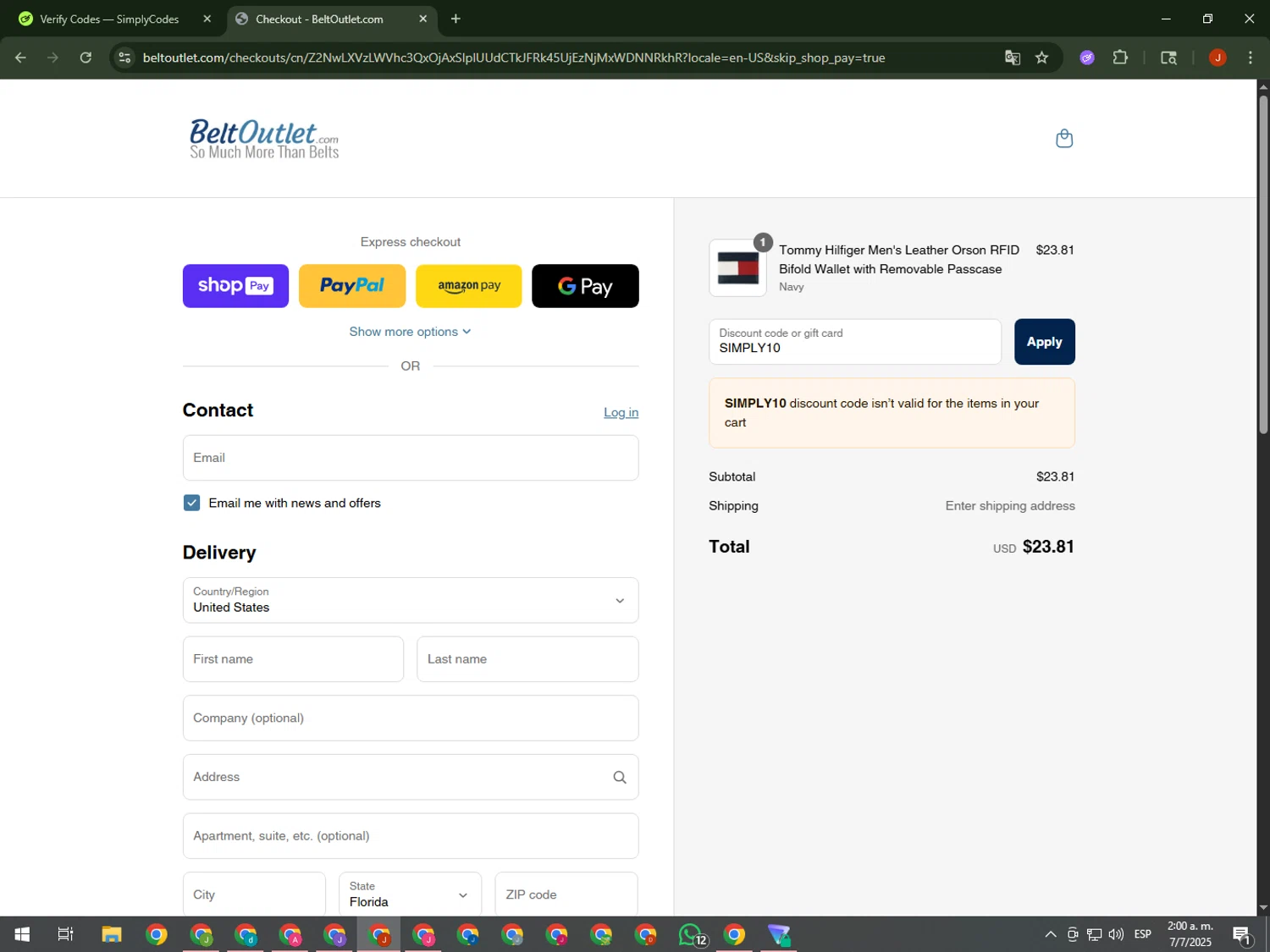 BeltOutlet.com coupon code screenshot showing code SIMPLY10 applied at BeltOutlet.com checkout page. Uploaded by SimplyCodes community member KimDokja on Jul 7, 2025