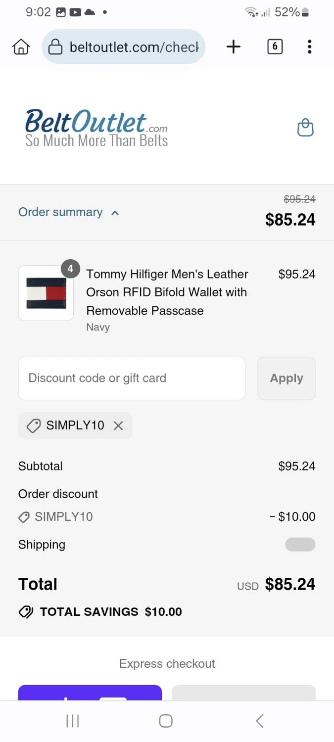 BeltOutlet.com coupon code screenshot showing code SIMPLY10 applied at BeltOutlet.com checkout page. Uploaded by SimplyCodes community member ScanMaverick9378 on Aug 15, 2025