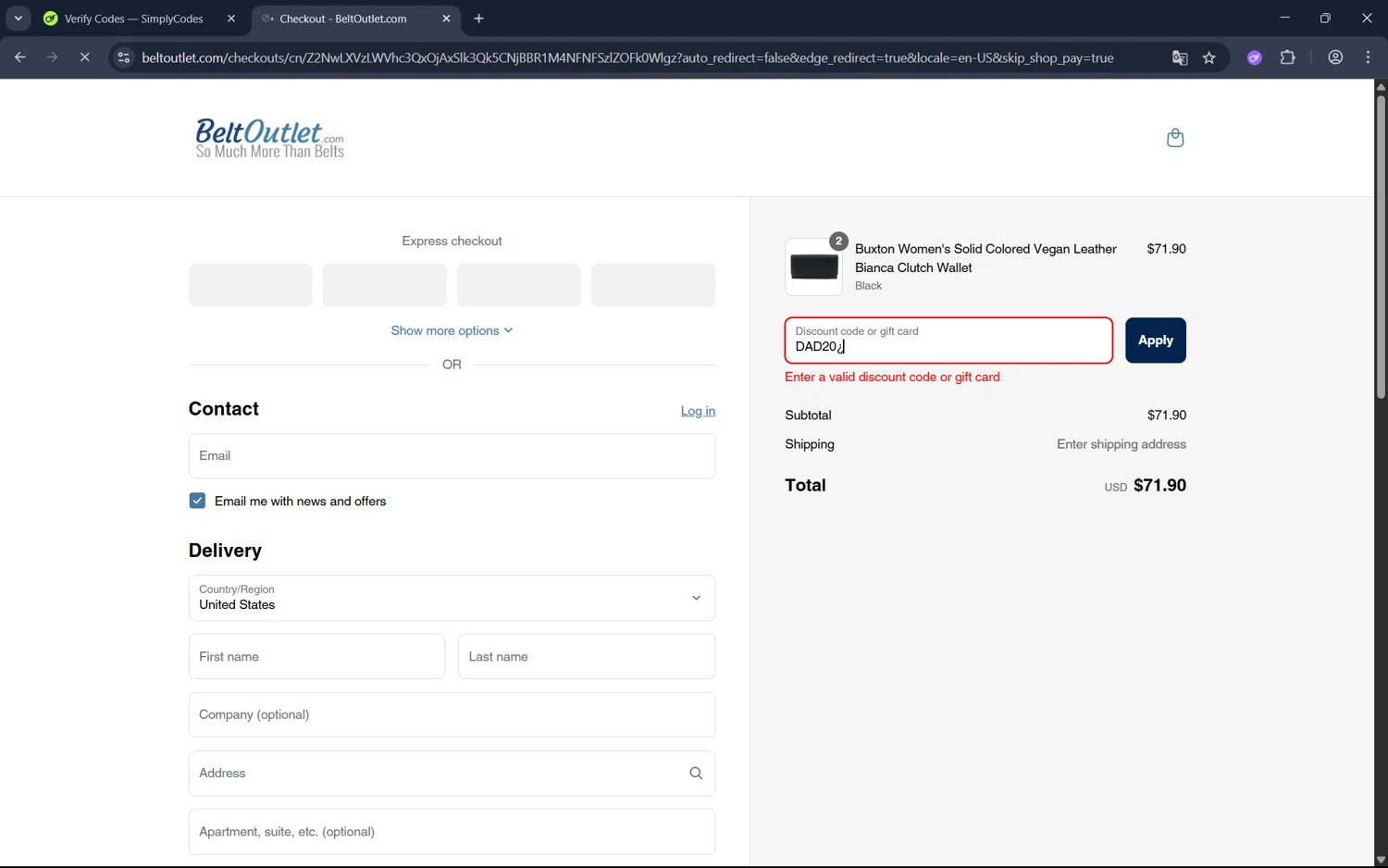 BeltOutlet.com coupon code screenshot showing code DAD20 applied at BeltOutlet.com checkout page. Uploaded by SimplyCodes community member juan1702 on Jun 20, 2025