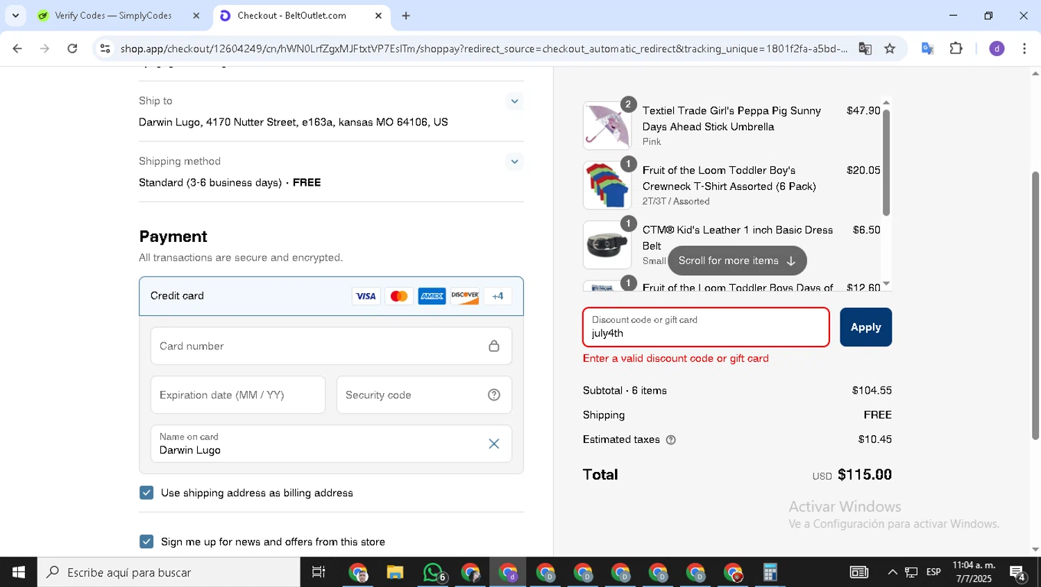 BeltOutlet.com coupon code screenshot showing code july4th applied at BeltOutlet.com checkout page. Uploaded by SimplyCodes community member ShieldSeeker6695 on Jul 7, 2025