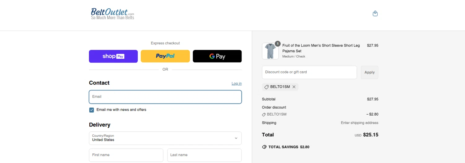 BeltOutlet.com coupon code screenshot showing code BELTO1SM applied at BeltOutlet.com checkout page. Uploaded by SimplyCodes community member OnlywM on Jun 13, 2025