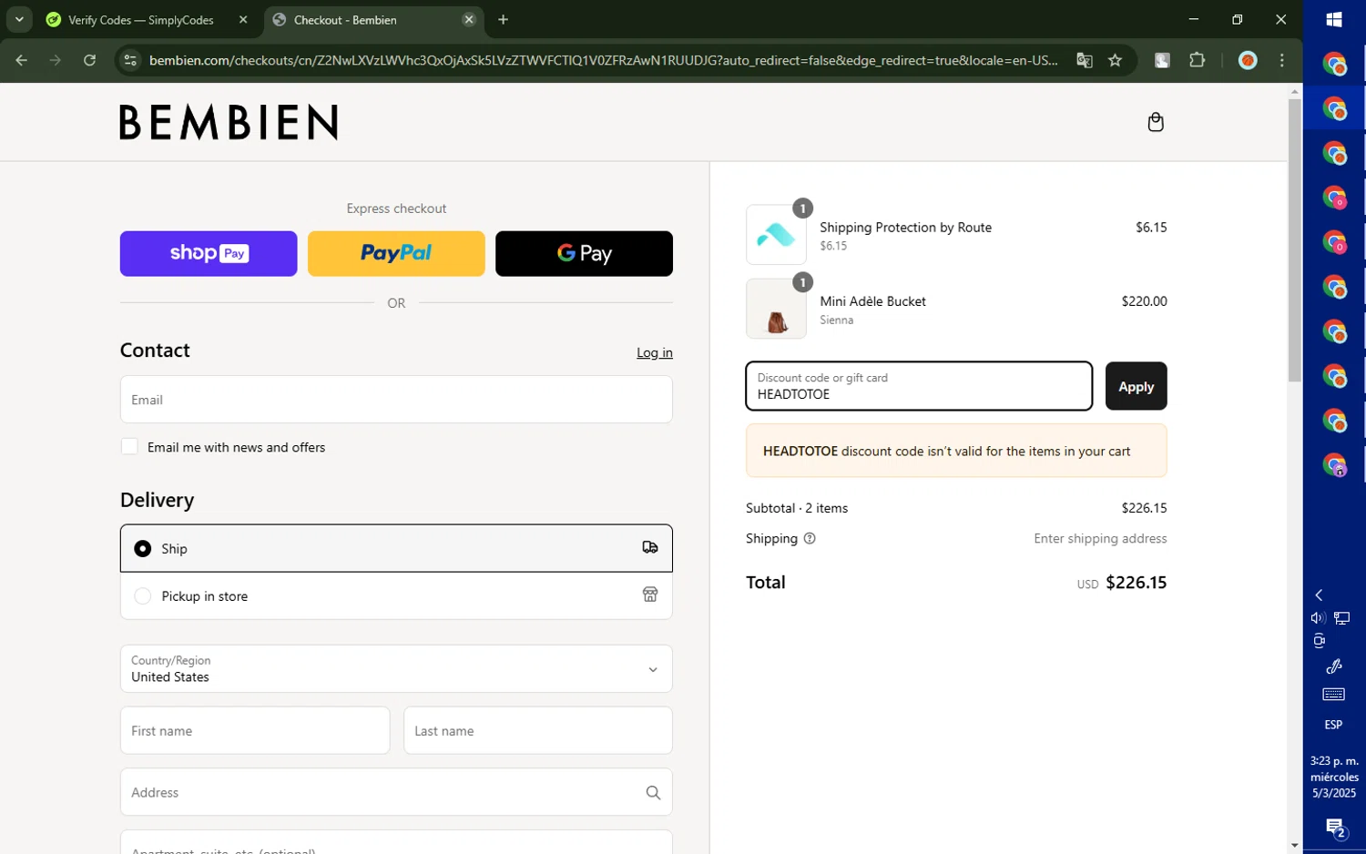 Bembien promo code screenshot showing code HEADTOTOE applied at Bembien checkout page. Uploaded by SimplyCodes community member SalePhoenix823 on Mar 5, 2025