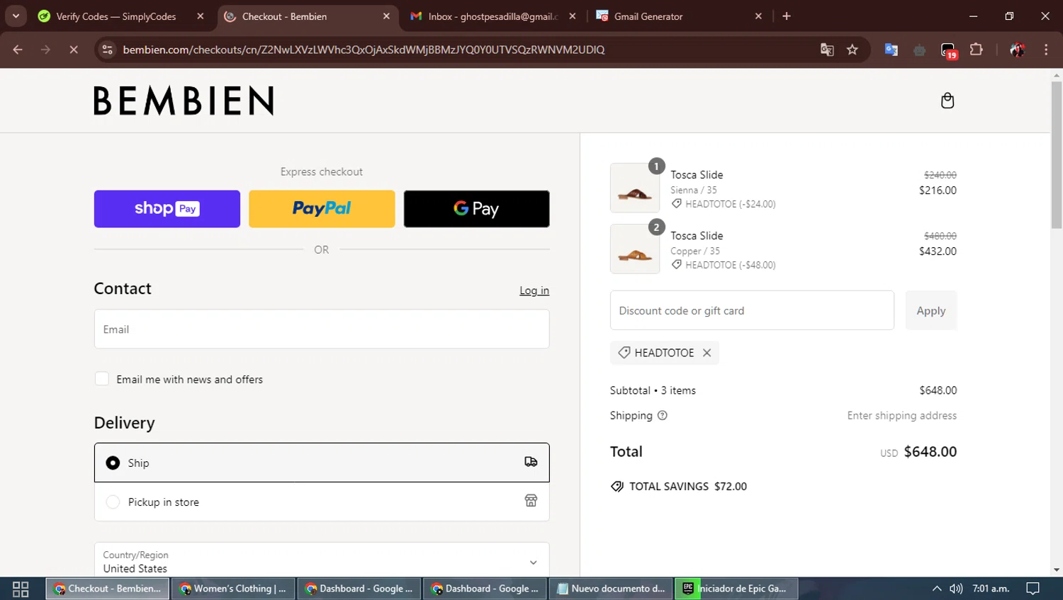 Bembien promo code screenshot showing code HEADTOTOE applied at Bembien checkout page. Uploaded by SimplyCodes community member SavingsBoss991 on Jan 5, 2025