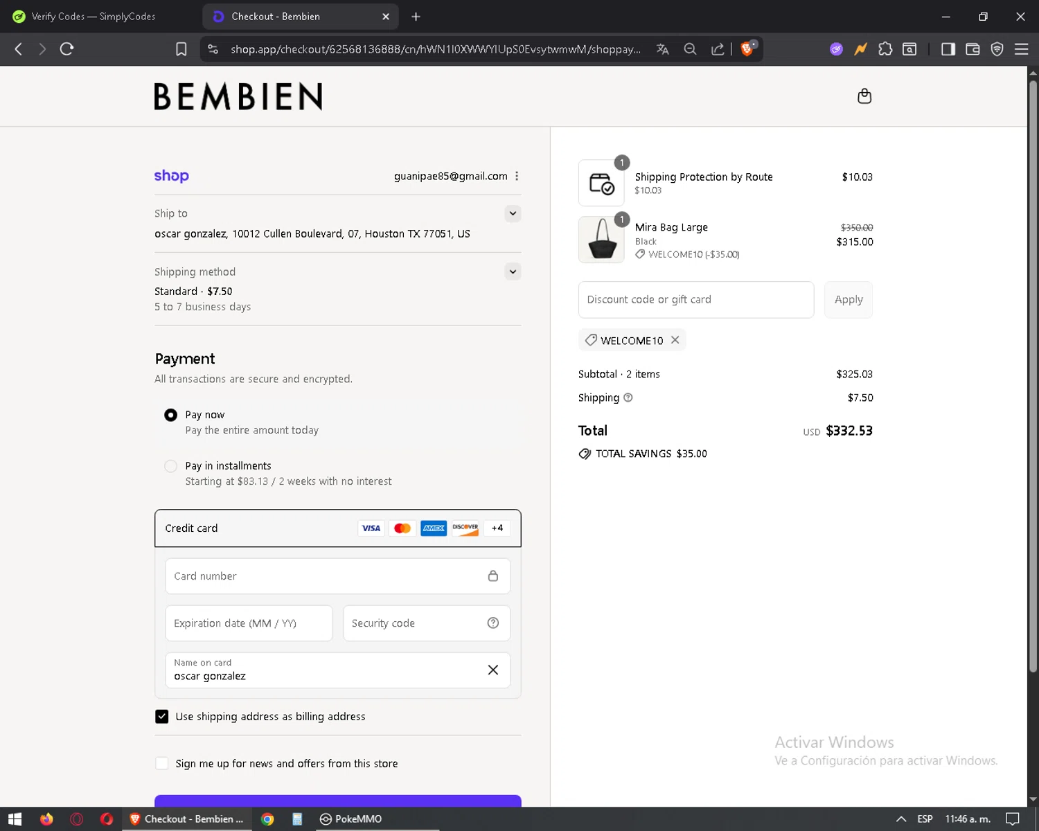 Bembien promo code screenshot showing code WELCOME10 applied at Bembien checkout page. Uploaded by SimplyCodes community member mixelis on Aug 13, 2025