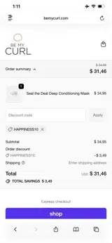 HAPPINESS10 coupon verification screenshot