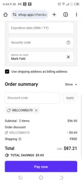 WELCOME670 coupon verification screenshot