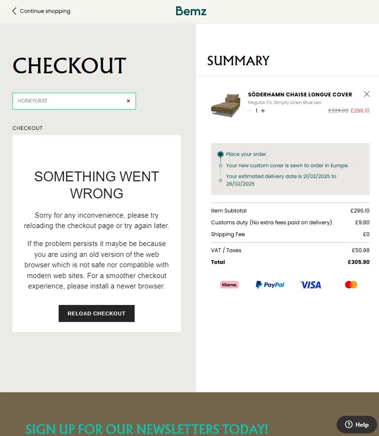 where to use Bemz promo code box