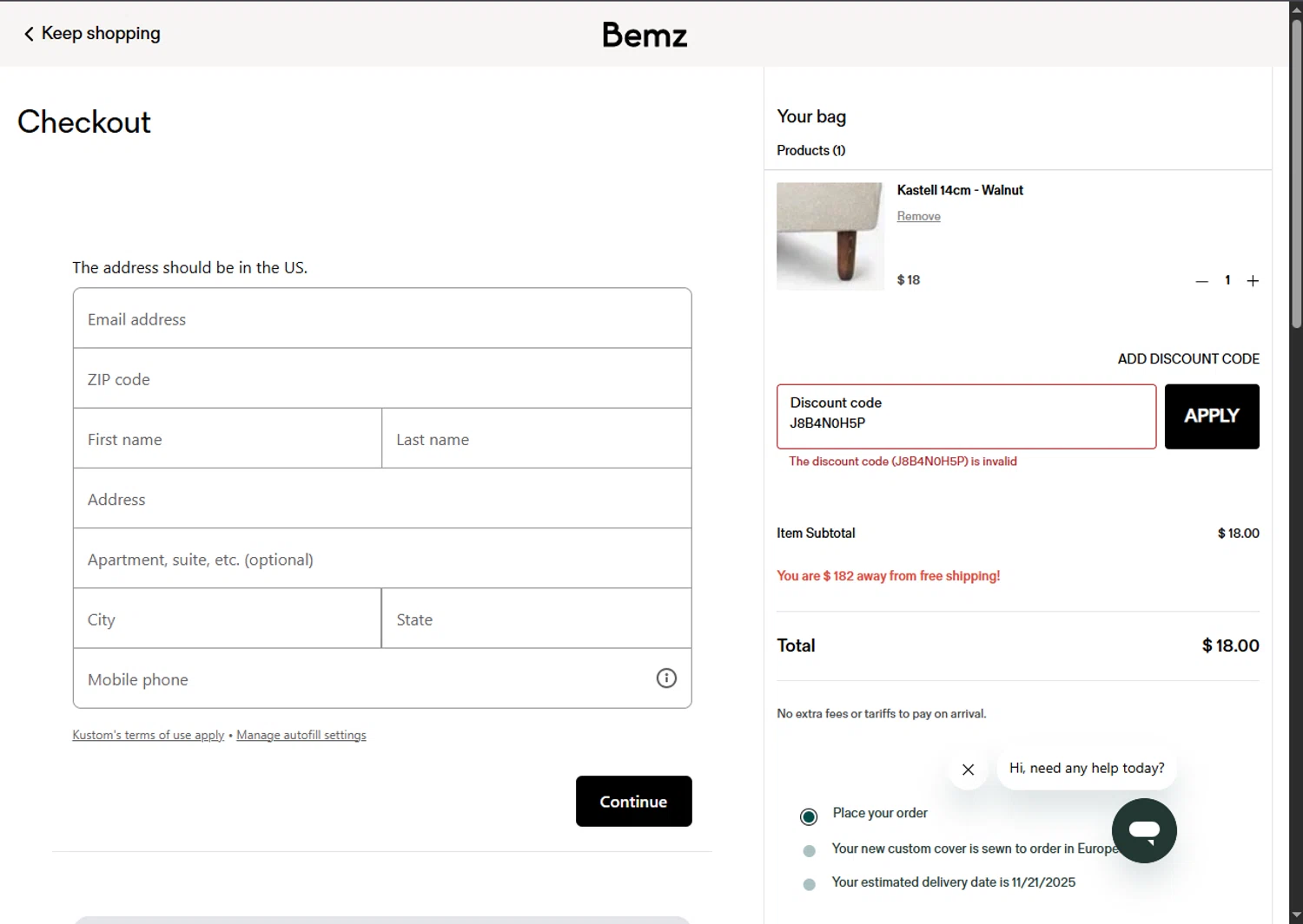 Bemz AU promo code screenshot showing code J8B4N0H5P applied at Bemz AU checkout page. Uploaded by SimplyCodes community member BargainSaver8204 on Nov 15, 2025