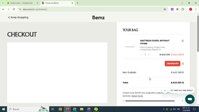 Bemz AU checkout page showing Bemz AU promo code box | Screenshot taken by SimplyCodes community member on Sep 15, 2025
