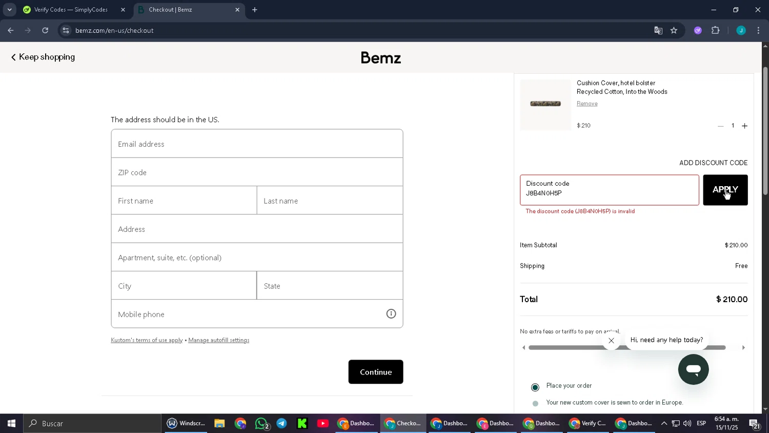 Bemz AU promo code screenshot showing code J8B4N0H5P applied at Bemz AU checkout page. Uploaded by SimplyCodes community member SmartMaverick5327 on Nov 15, 2025