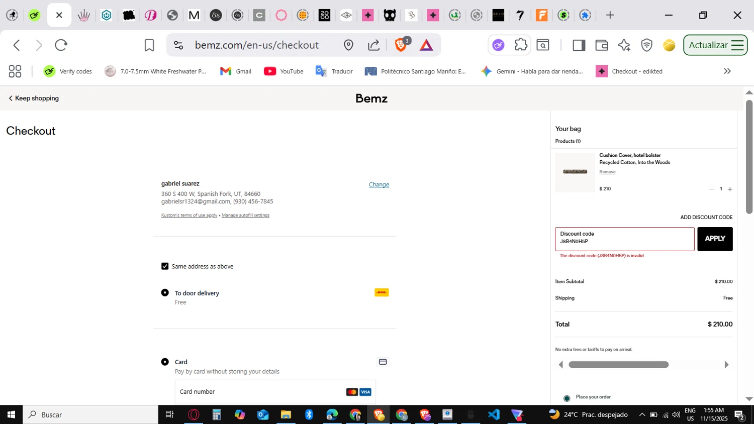 Bemz AU promo code screenshot showing code J8B4N0H5P applied at Bemz AU checkout page. Uploaded by SimplyCodes community member conorgrey on Nov 15, 2025