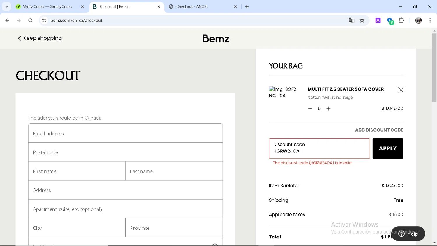 Bemz AU promo code screenshot showing code HGRW24CA applied at Bemz AU checkout page. Uploaded by SimplyCodes community member Epa_yava on Mar 1, 2025