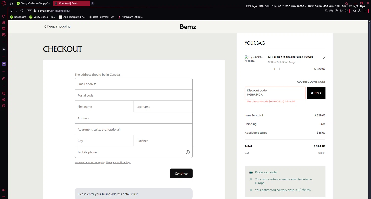 Bemz AU promo code screenshot showing code HGRW24CA applied at Bemz AU checkout page. Uploaded by SimplyCodes community member lousi2 on Mar 1, 2025