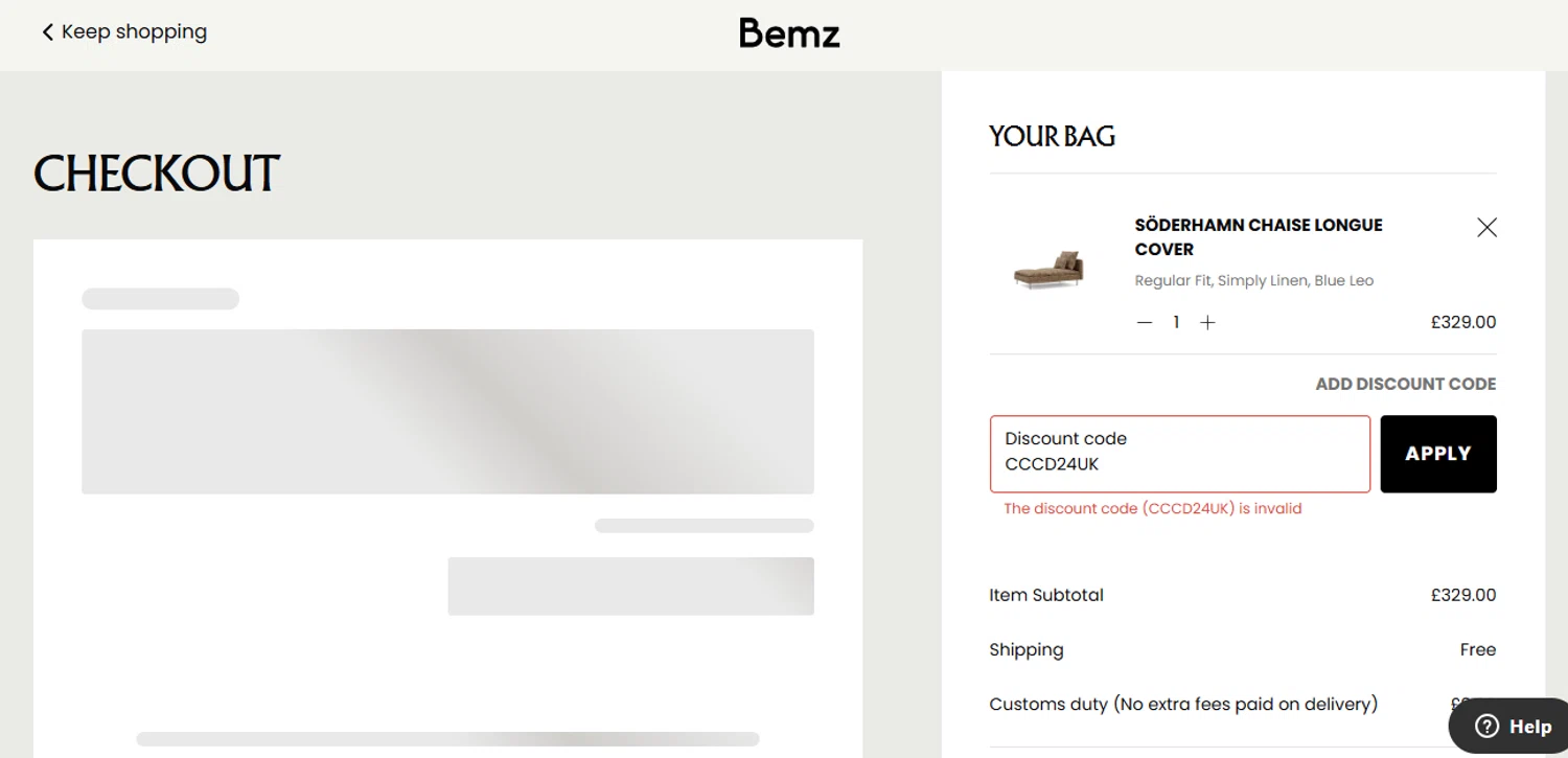 Bemz AU promo code screenshot showing code CCCD24UK applied at Bemz AU checkout page. Uploaded by SimplyCodes community member Ronald13 on Feb 23, 2025