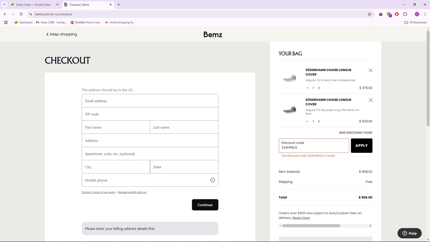Bemz AU promo code screenshot showing code S24HP8US applied at Bemz AU checkout page. Uploaded by SimplyCodes community member RoyalTracker568 on Feb 22, 2025