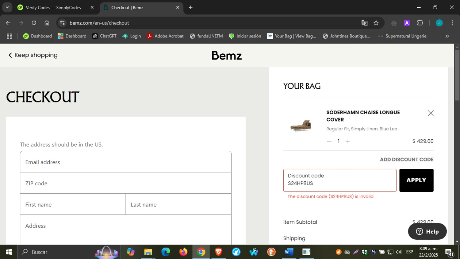 Bemz AU promo code screenshot showing code S24HP8US applied at Bemz AU checkout page. Uploaded by SimplyCodes community member johanchirinos on Feb 22, 2025