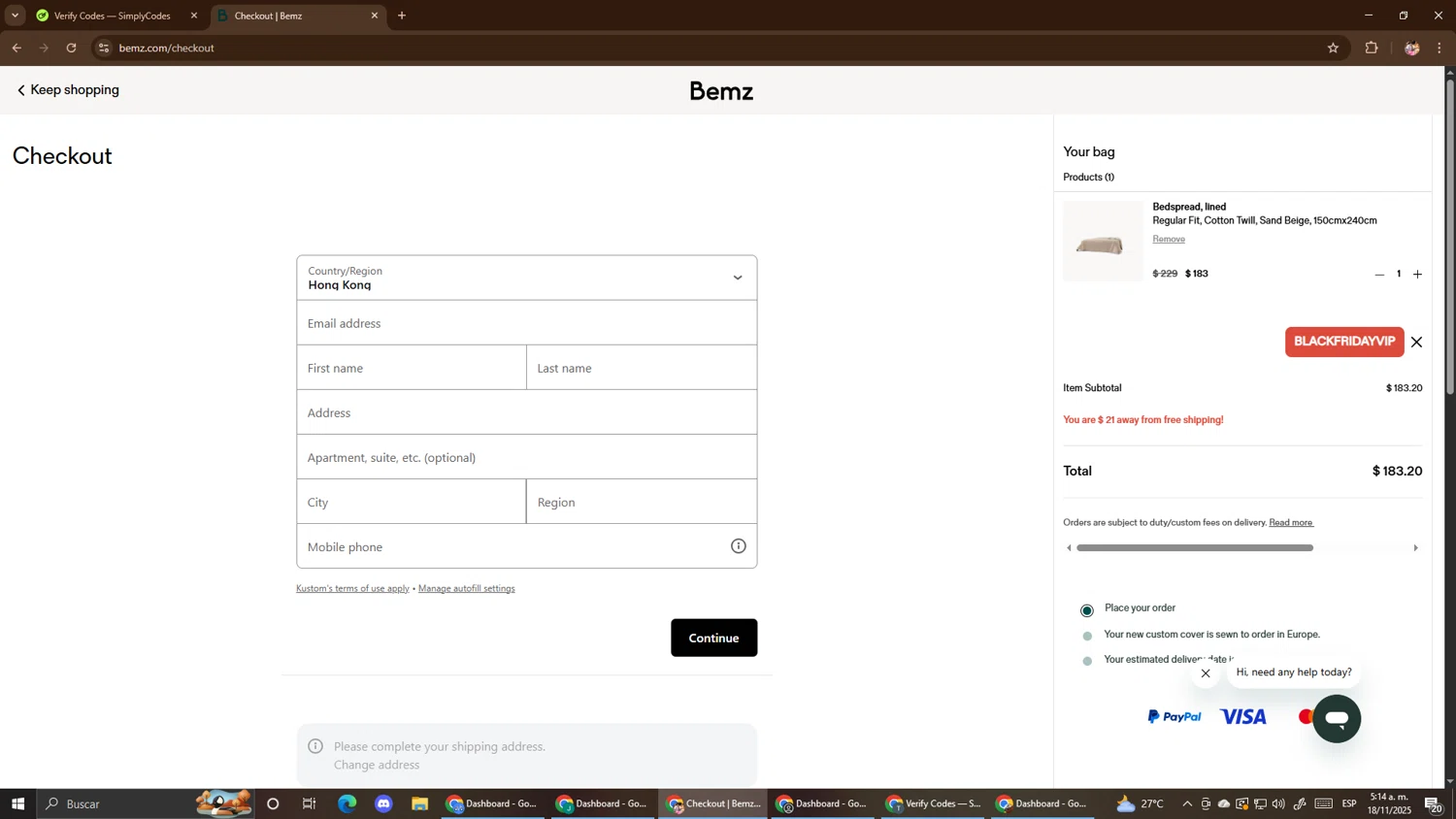 Bemz AU checkout page showing Bemz AU promo code box | Screenshot taken by SimplyCodes community member on Nov 18, 2025
