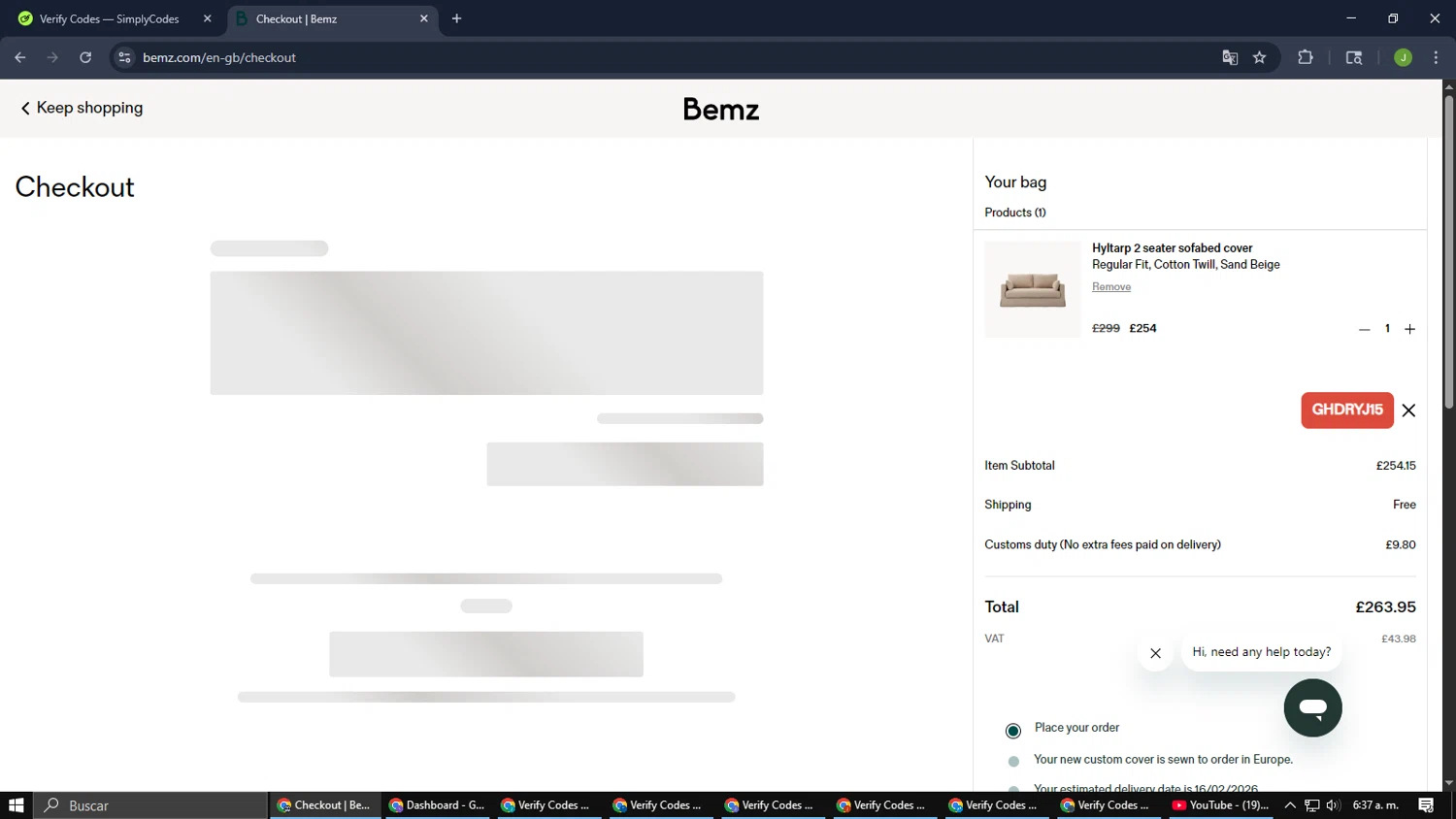 Bemz AU checkout page showing Bemz AU promo code box | Screenshot taken by SimplyCodes community member on Jan 19, 2026