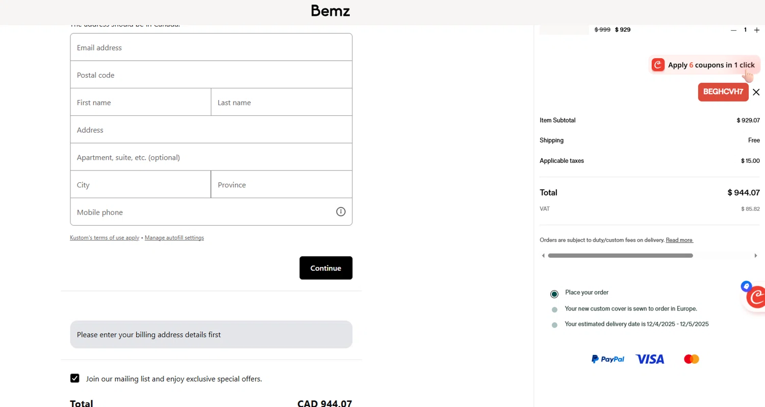Bemz AU promo code screenshot showing code BEGHCVH7 applied at Bemz AU checkout page. Uploaded by SimplyCodes community member Dorothy on Nov 16, 2025