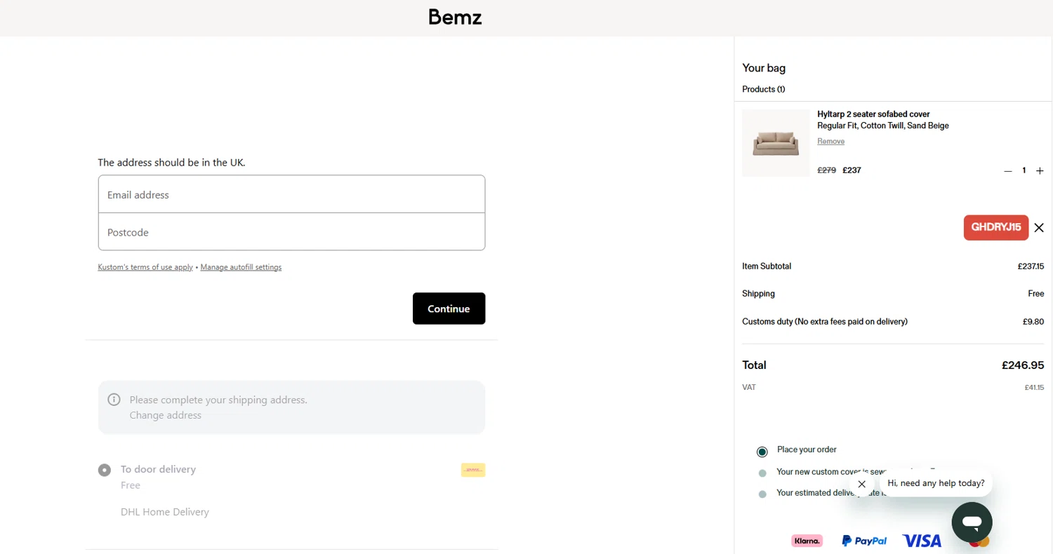 Bemz AU promo code screenshot showing code GHDRYJ15 applied at Bemz AU checkout page. Uploaded by SimplyCodes community member Dorothy on Nov 22, 2025