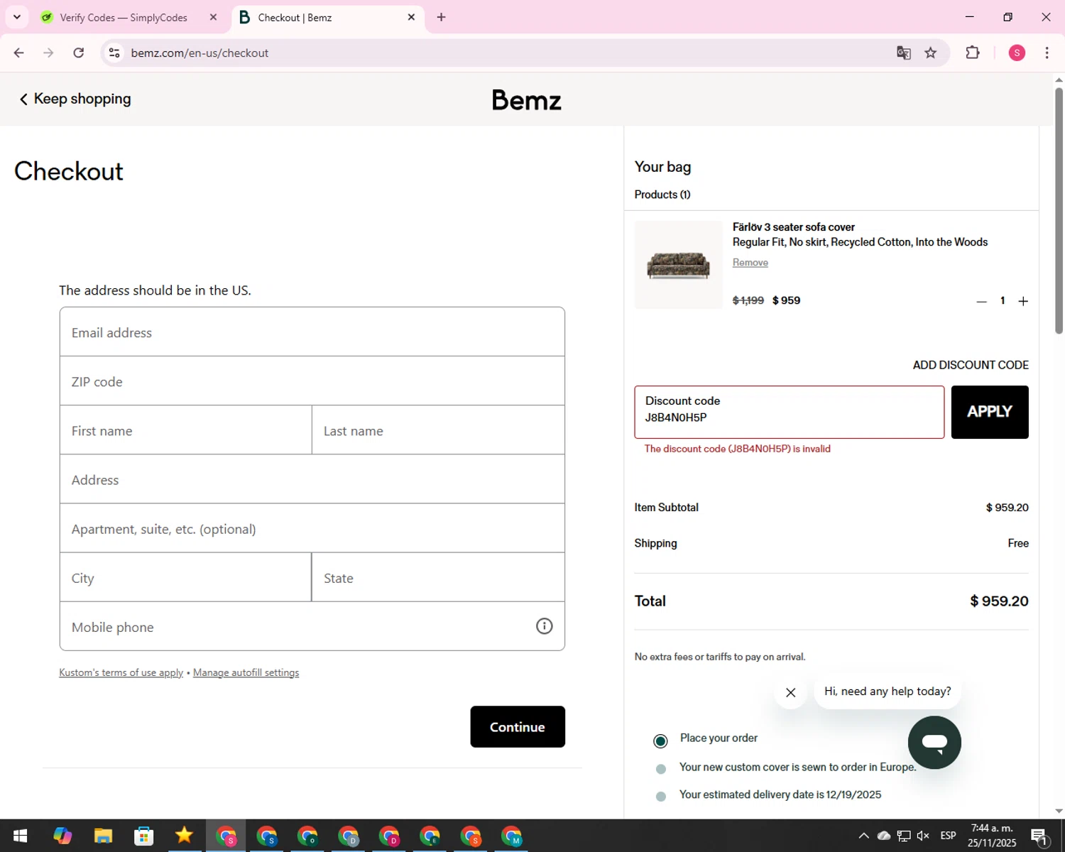 Bemz US promo code screenshot showing code J8B4N0H5P applied at Bemz US checkout page. Uploaded by SimplyCodes community member 00000056 on Nov 25, 2025