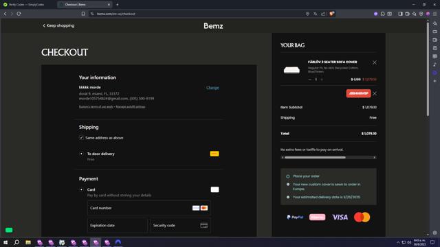Bemz US checkout page showing Bemz US promo code box | Screenshot taken by SimplyCodes community member on Aug 30, 2025